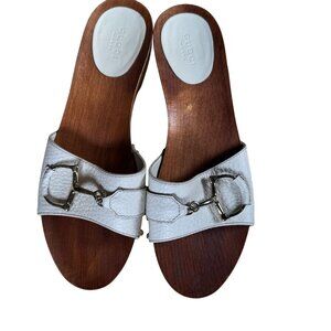 Gucci White Leather Horsebit Wooden Clogs Mules Size 9.5B